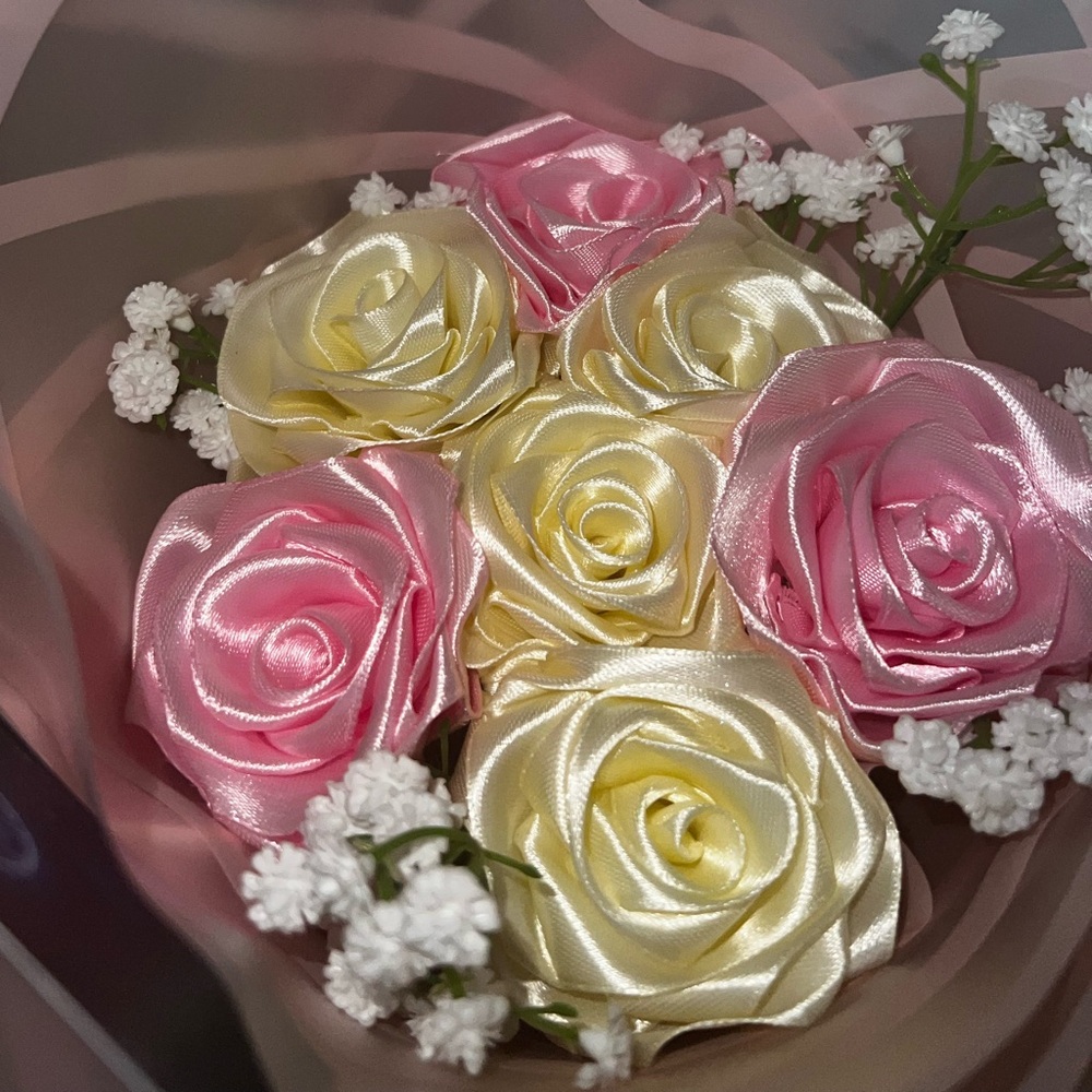 Pink and Cream Satin Rose Bouquet